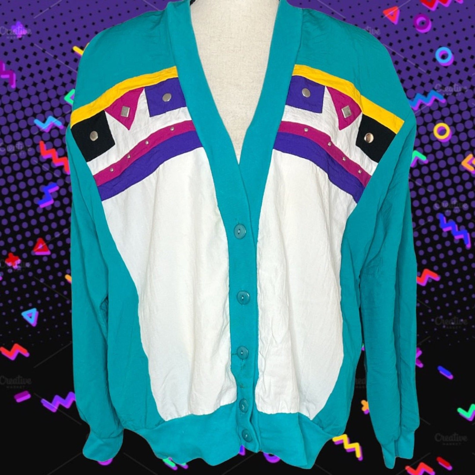Vintage 80s Teal Colorblock Windbreaker Jacket Geometric Studded Large