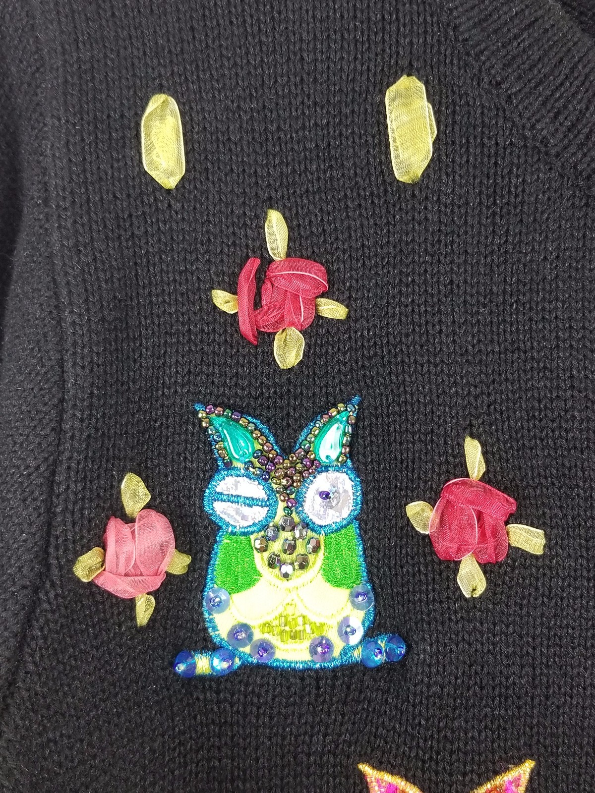 JACK B QUICK Vtg long sleeved black multi-colored Owl beaded design Sweater Sz S