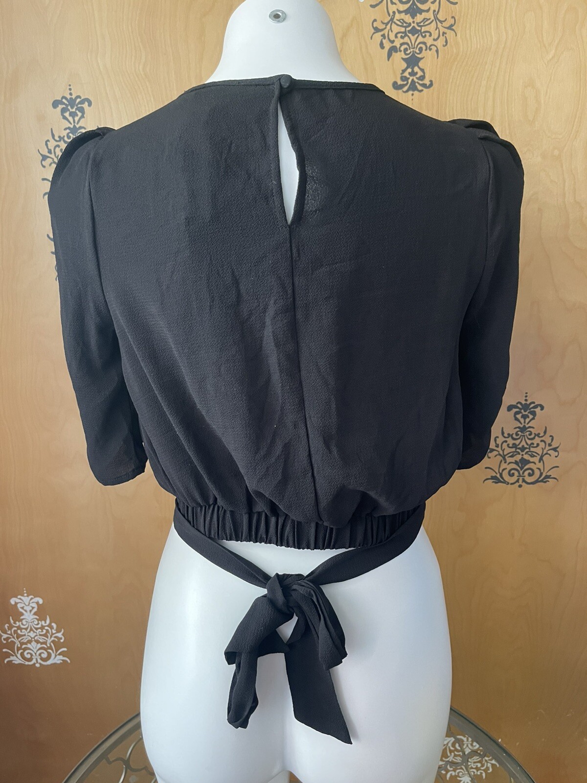 NWT Y2K 2000 Peplum Blouse Crop Top 1/2 Sleeve Adjustable Tie Strings Black S/M