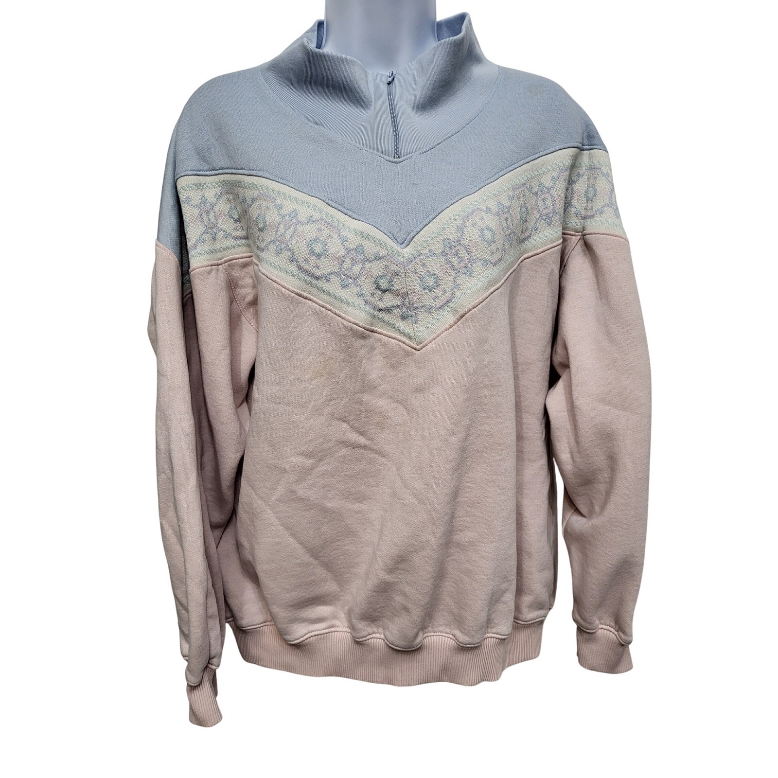 Just For Women Vintage Quarter Zip Sweatshirt Pink Blue Colorblock Chevron L