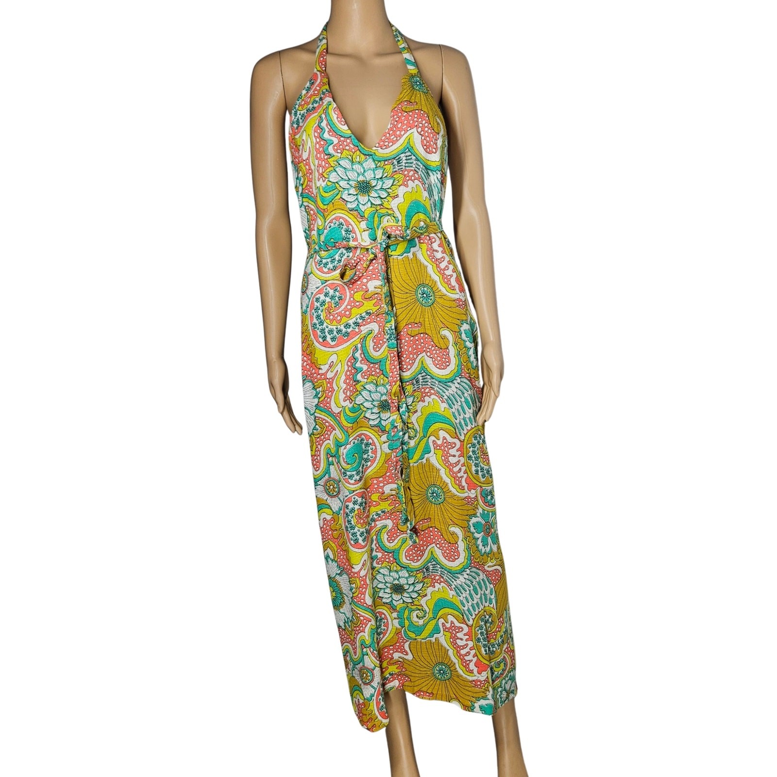 70s Wrap Maxi Dress Yellow Handmade Floral Vintage Strappy Backless 2 pc Size S