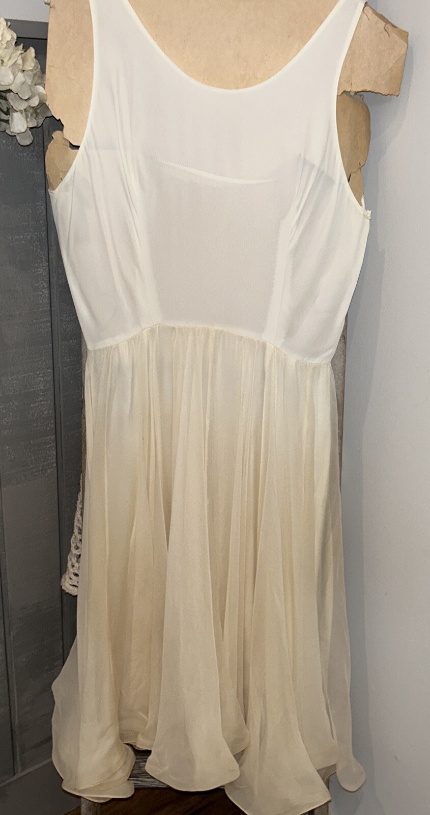 Pat Sandler Chiffon Ivory Cocktail Dress Sequin Lace Top Flowy Bottom S/M