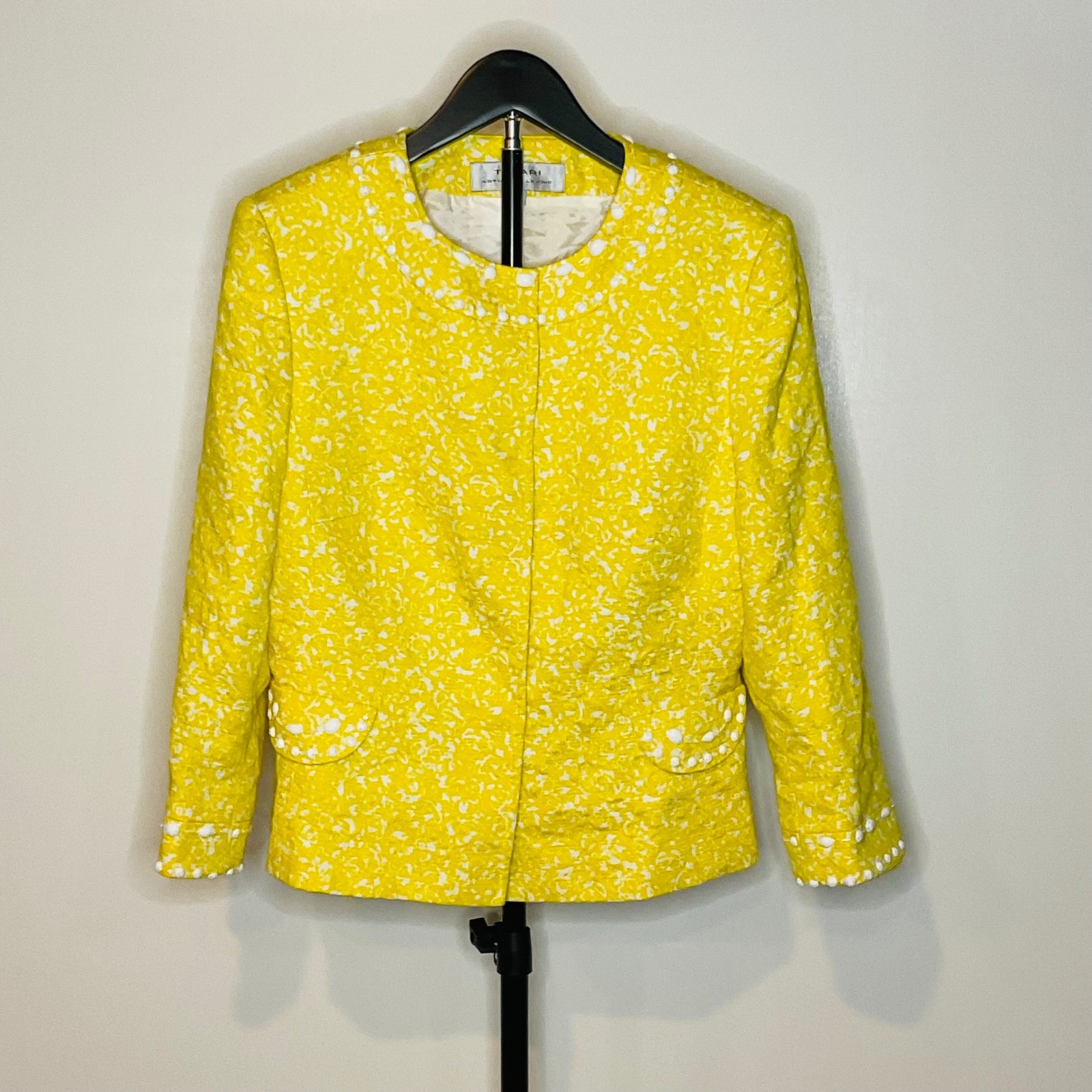 TAHARI ASL women’s yellow white beaded floral suit skirt blazer vintage cotton 6