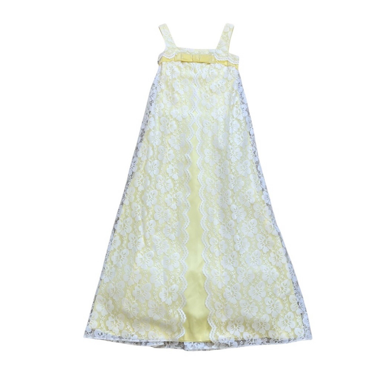 Vintage Victorian Yellow & White Lace Cape Style A-line Maxi Princess Dress