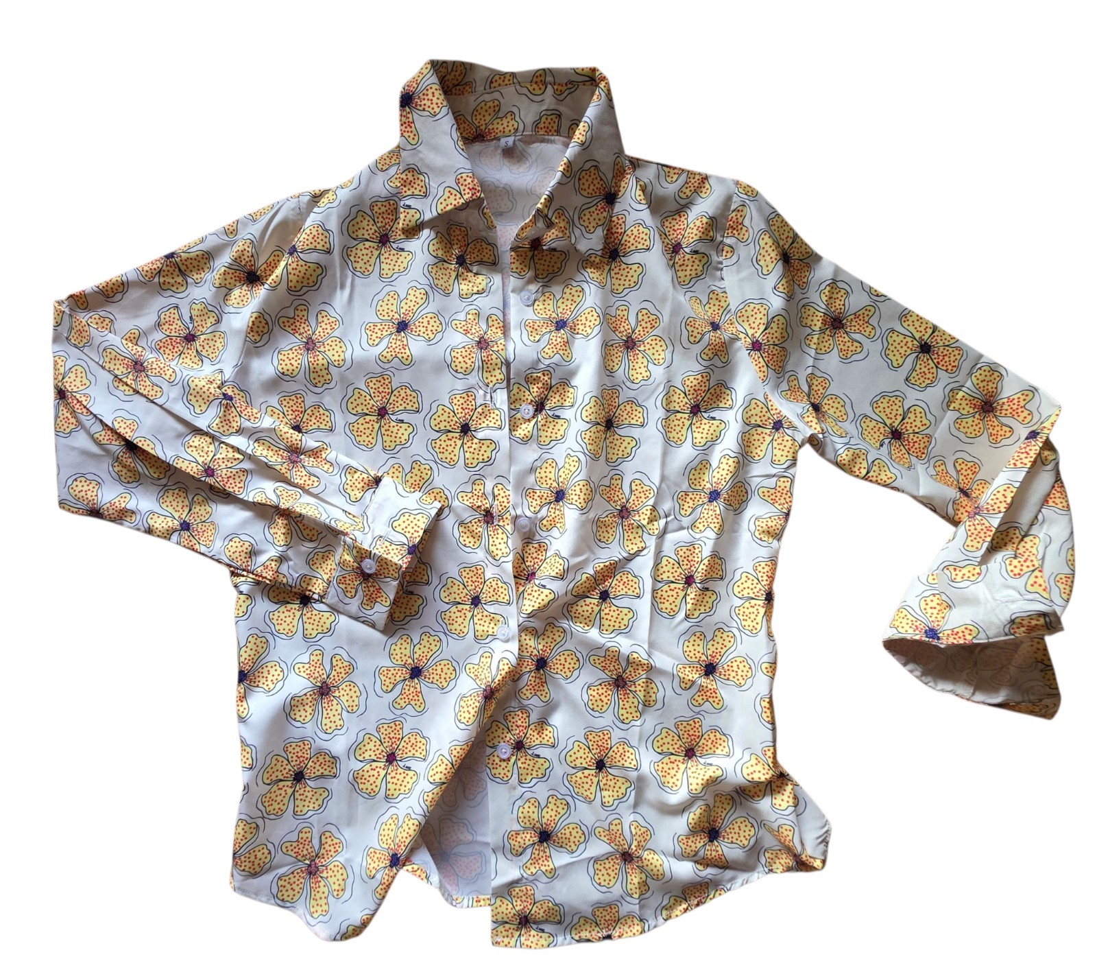 NWOT 70s Style Womens Floral Button Up Shirt Retro Yellow Boho Blouse Small
