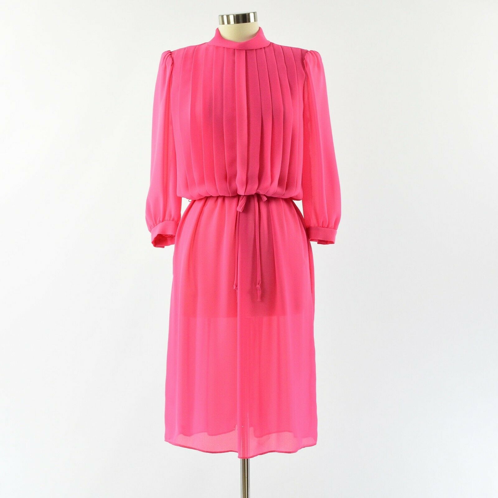 70’s Vintage Bright Pink Blouson Dress Mock Neck Womens L or 12 Amy-Deb