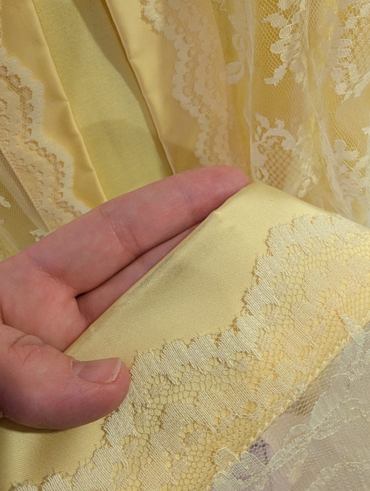Vintage 1960s ILGWU Union Made Yellow Lace Dress Empire Waist XS Satin Belt Bow
