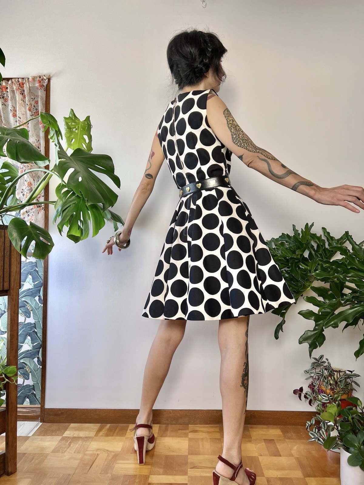 VTG 60s does 50s SABA CA Polka Dot Circle Skirt Dress Bullet Bust Mod S/M