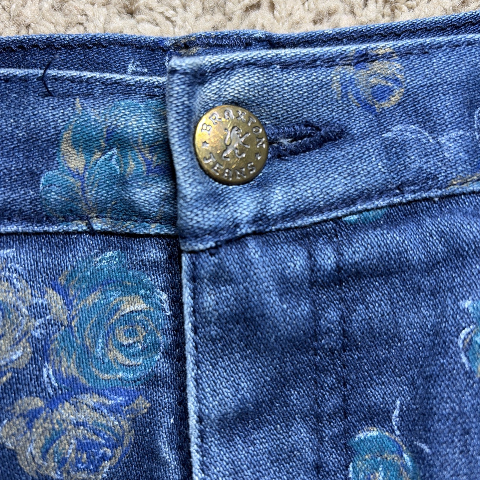Vintage 80s Braxton Womens Stretch Floral Denim 5 Pocket Zip Front Jean Sz 14/32