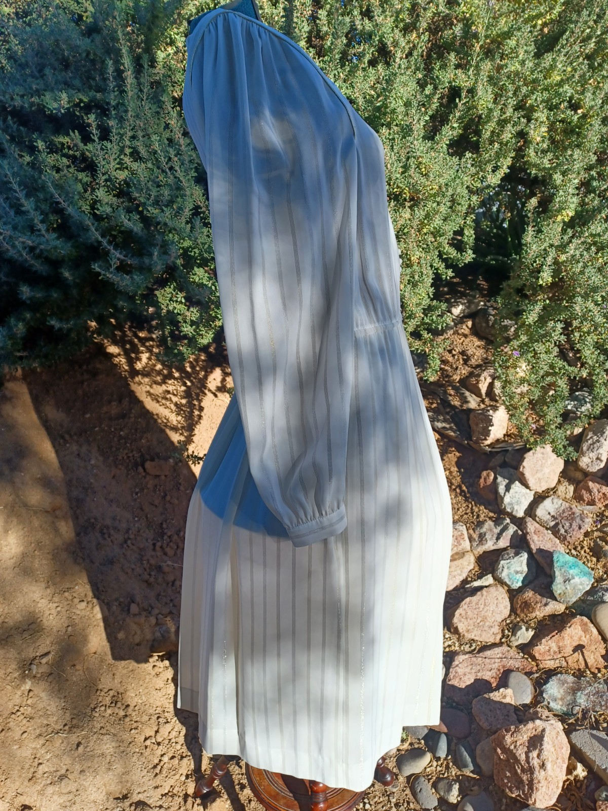 Vintage 70s/80s White Pussybow Semi-Sheer Dress with Gold and Silver Accents