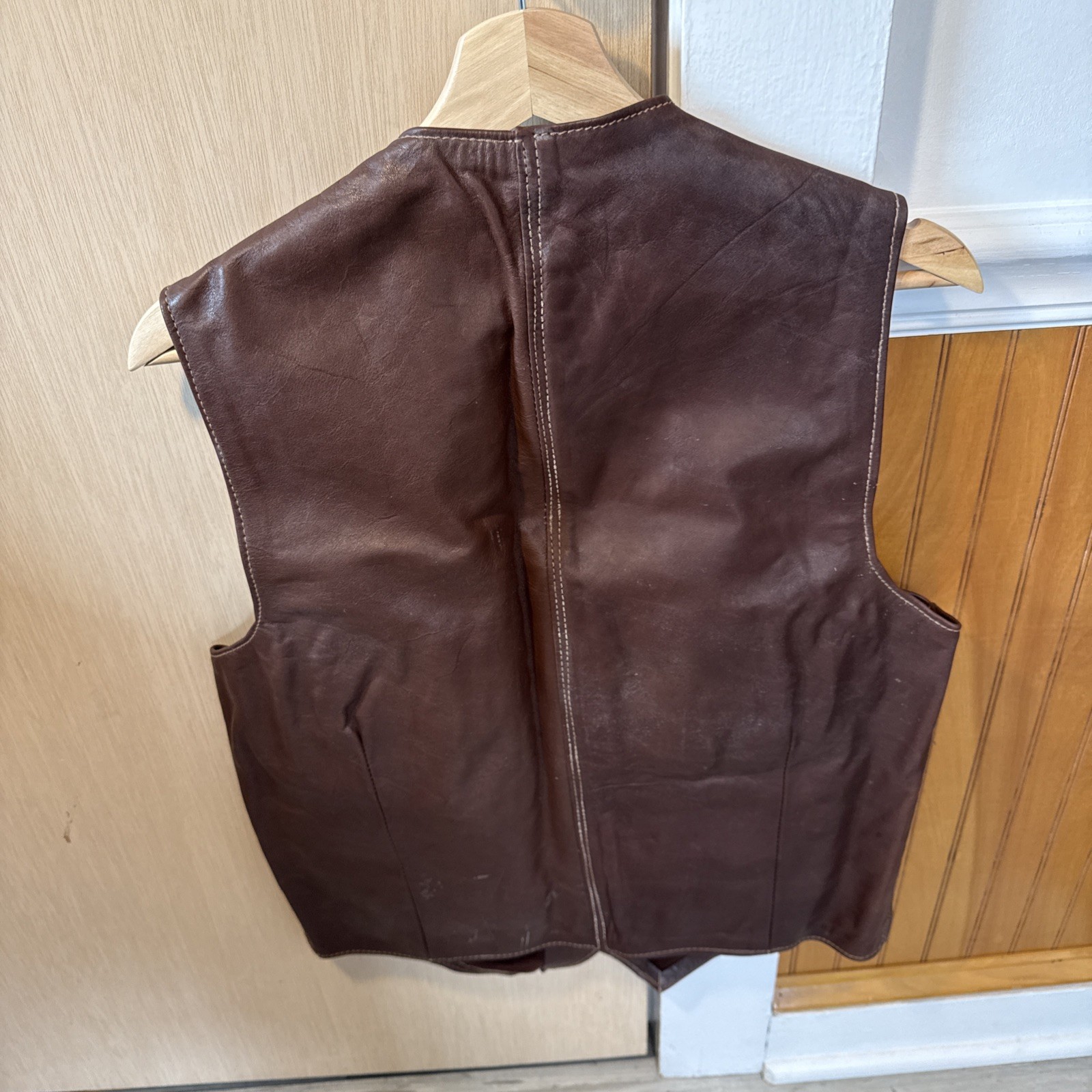 Vintage Brown Genuine Leather Vest Size 42 Sleeveless Western Button Front
