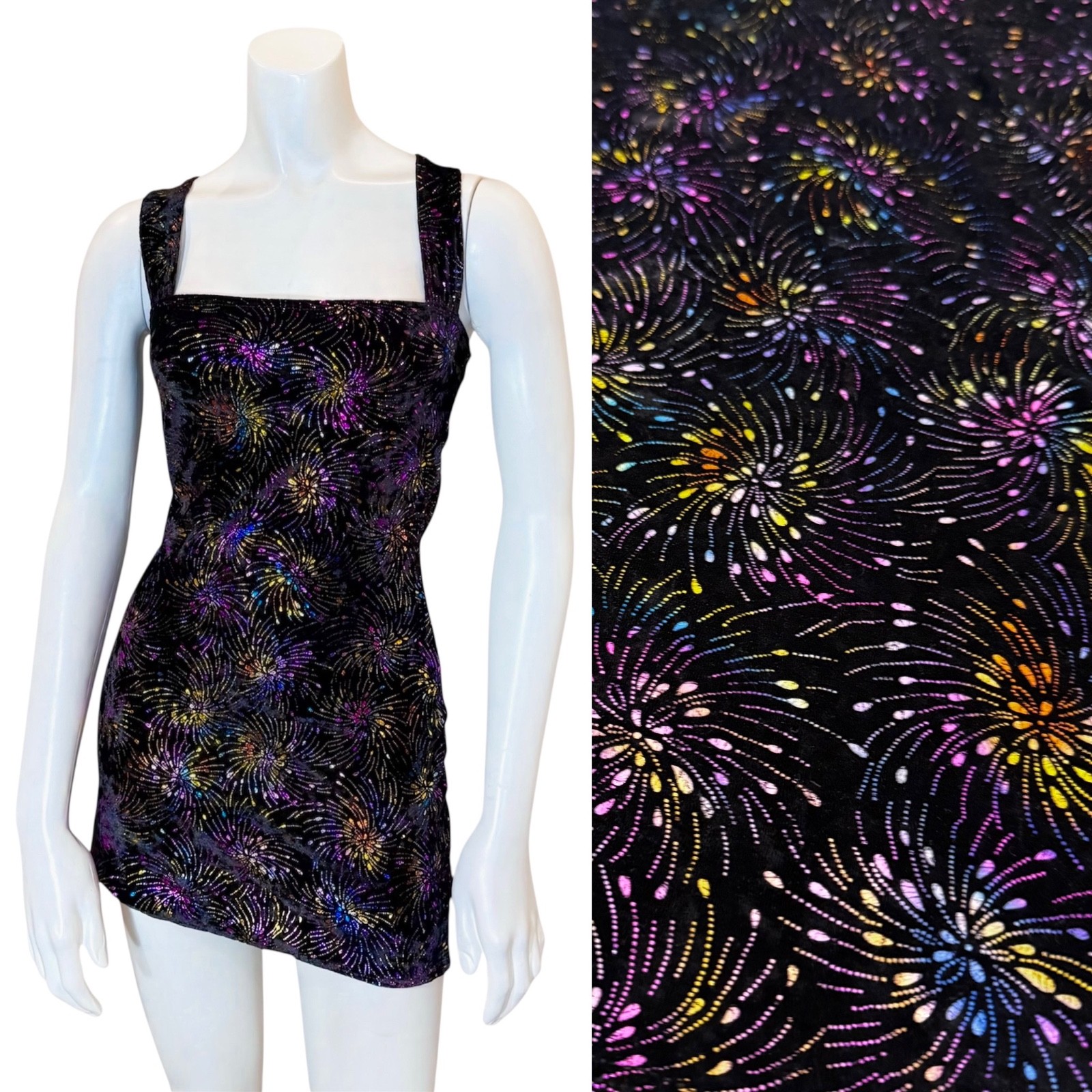 Vintage 90’s IRIDESCENT FIREWORK VELVET MINI DRESS S/M Stretchy Tank Shiny Retro