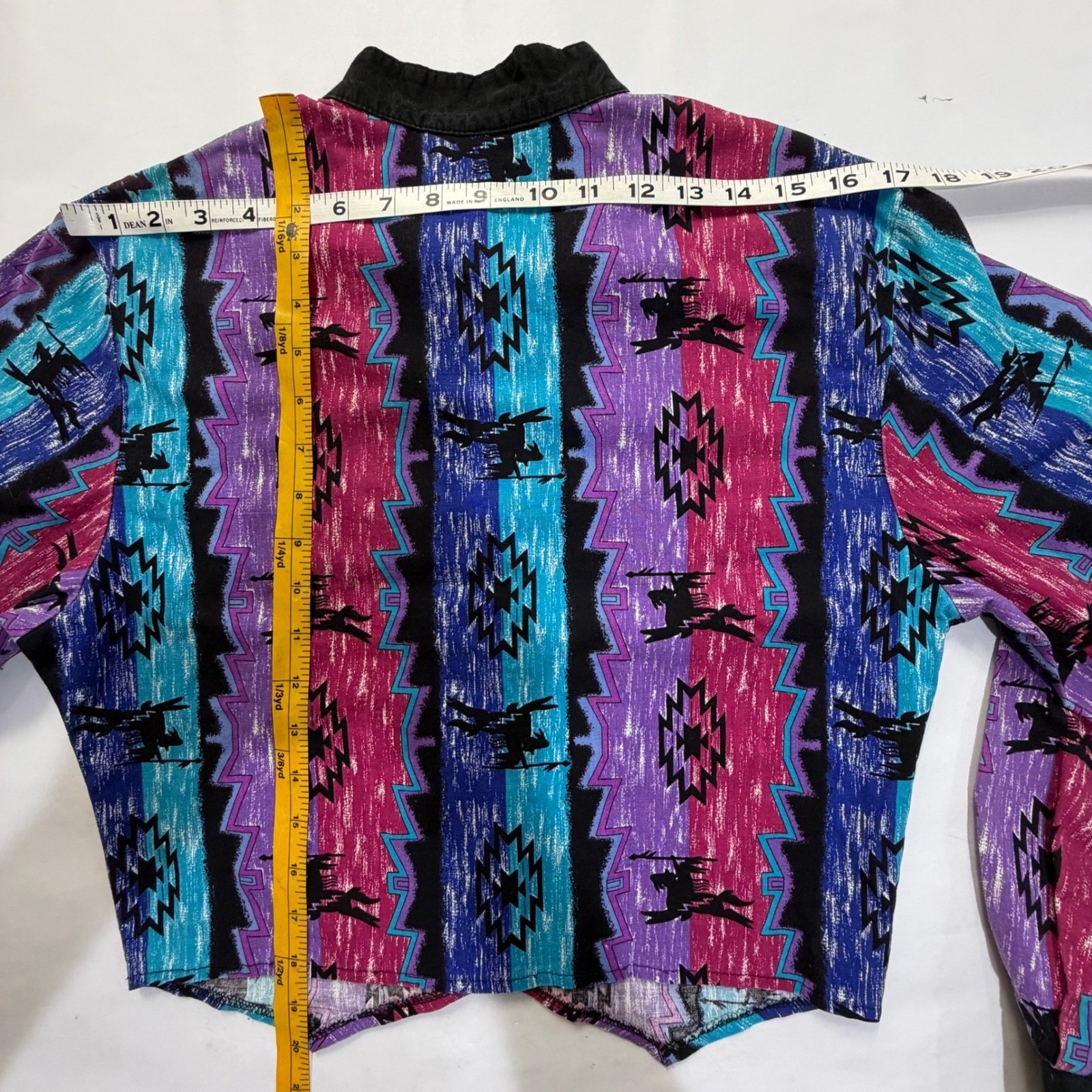 VTG 80s Ozark Mountain Southwestern Tribal Print Button Up Shirt Purple Teal
