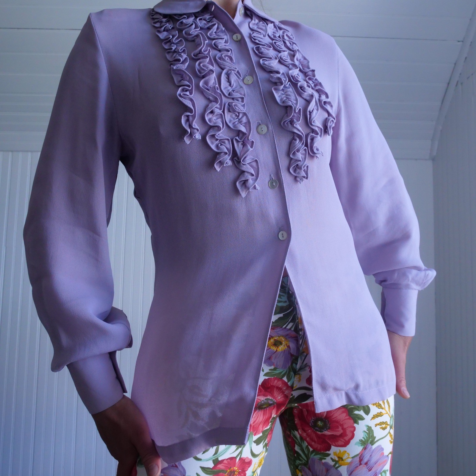 See sweetest vintage 1990s lilac semisheer tuxedo ruffle button down blouse