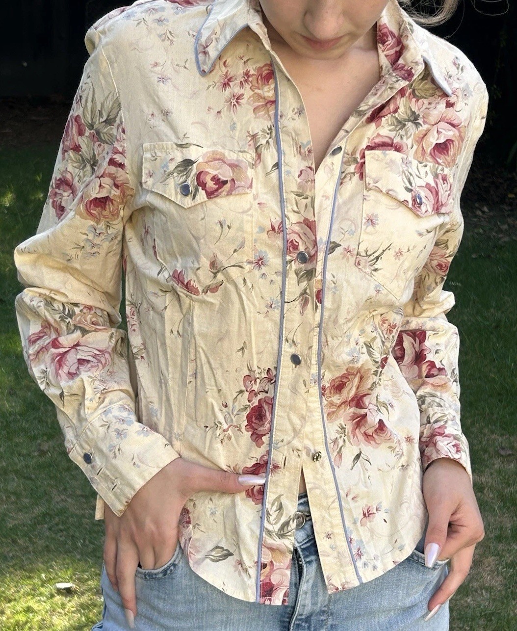 Vintage Banjo S Westernwear Button Up Floral Top Shirt Texas Roses Floral