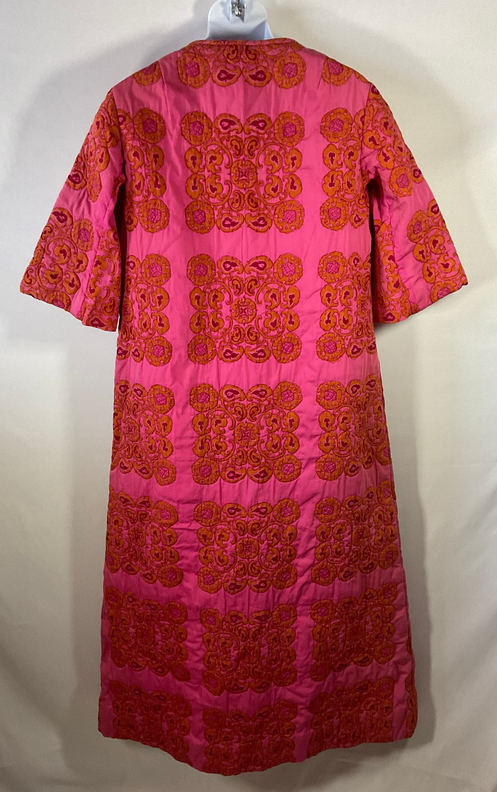 vtg 60s Quilted 1/2 Zip House Coat Robe 3/4 Sleeve Pink Orange Design Thai sz 10