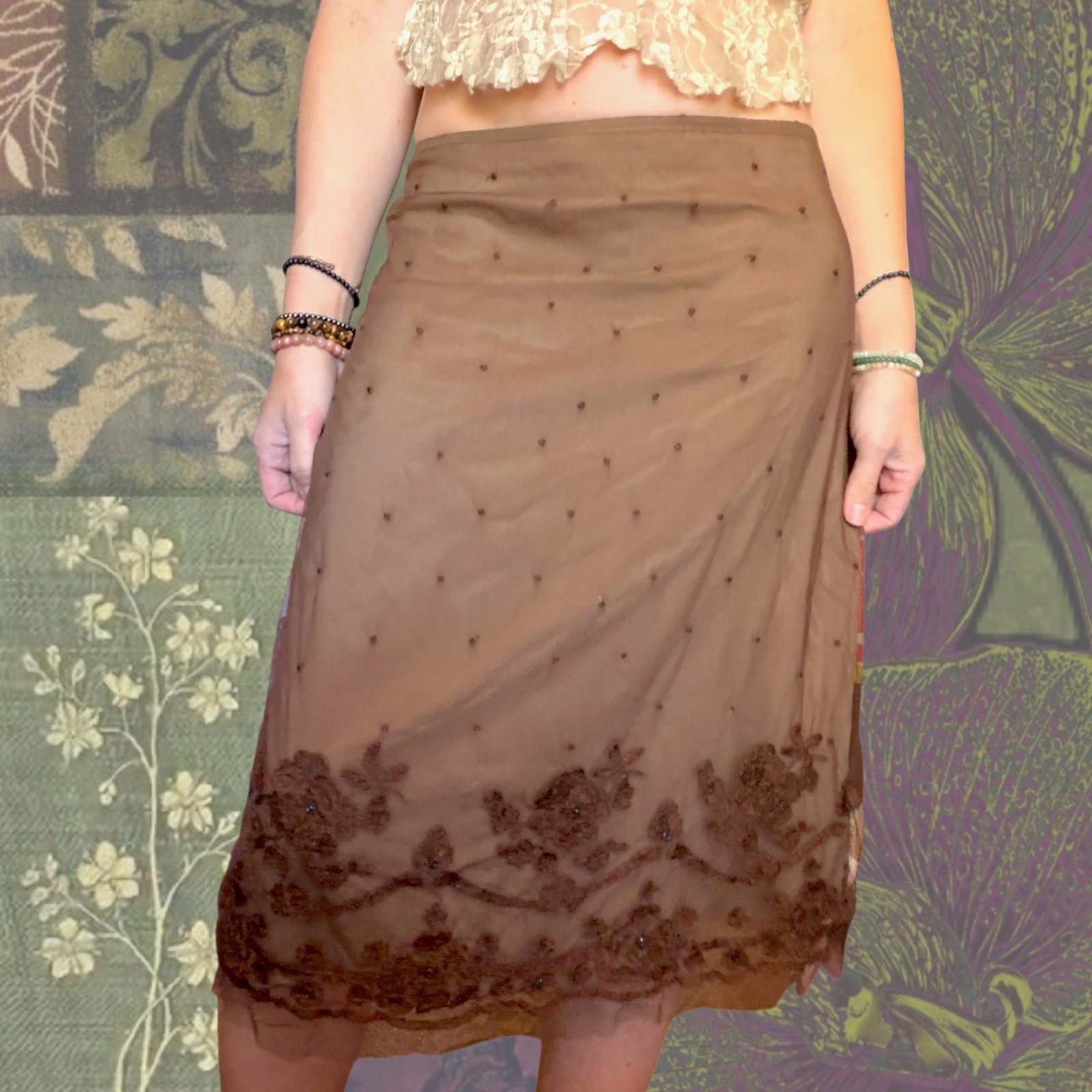 Y2K IBeaded Mesh Midi Skirt Brown Embroidered Fairy Goth Whimsigoth Boho Size 6