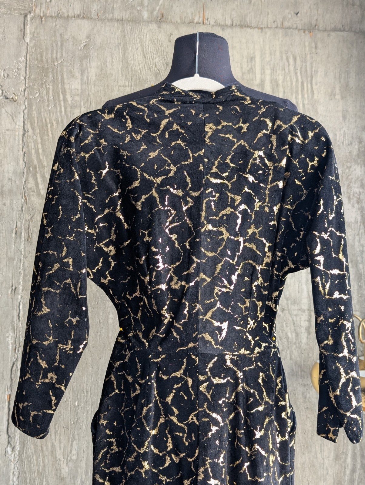 Vintage Vicky Tiel Black and Metallic Gold Suede Long Sleeve Jumpsuit France-XS