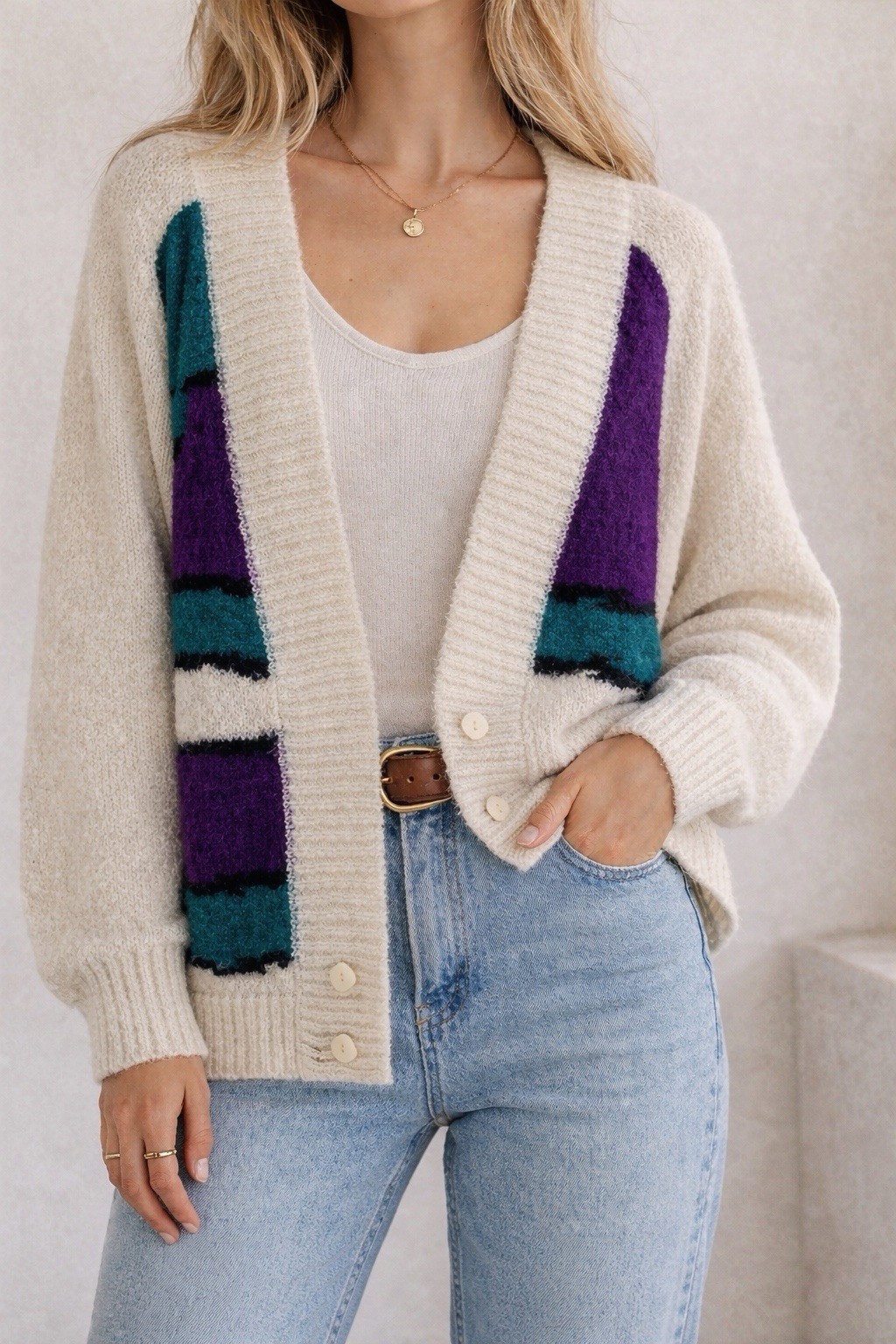Vintage 90s Retro Penrose Colorblock Crossover Cardigan Cream Purple Teal Sz M/L