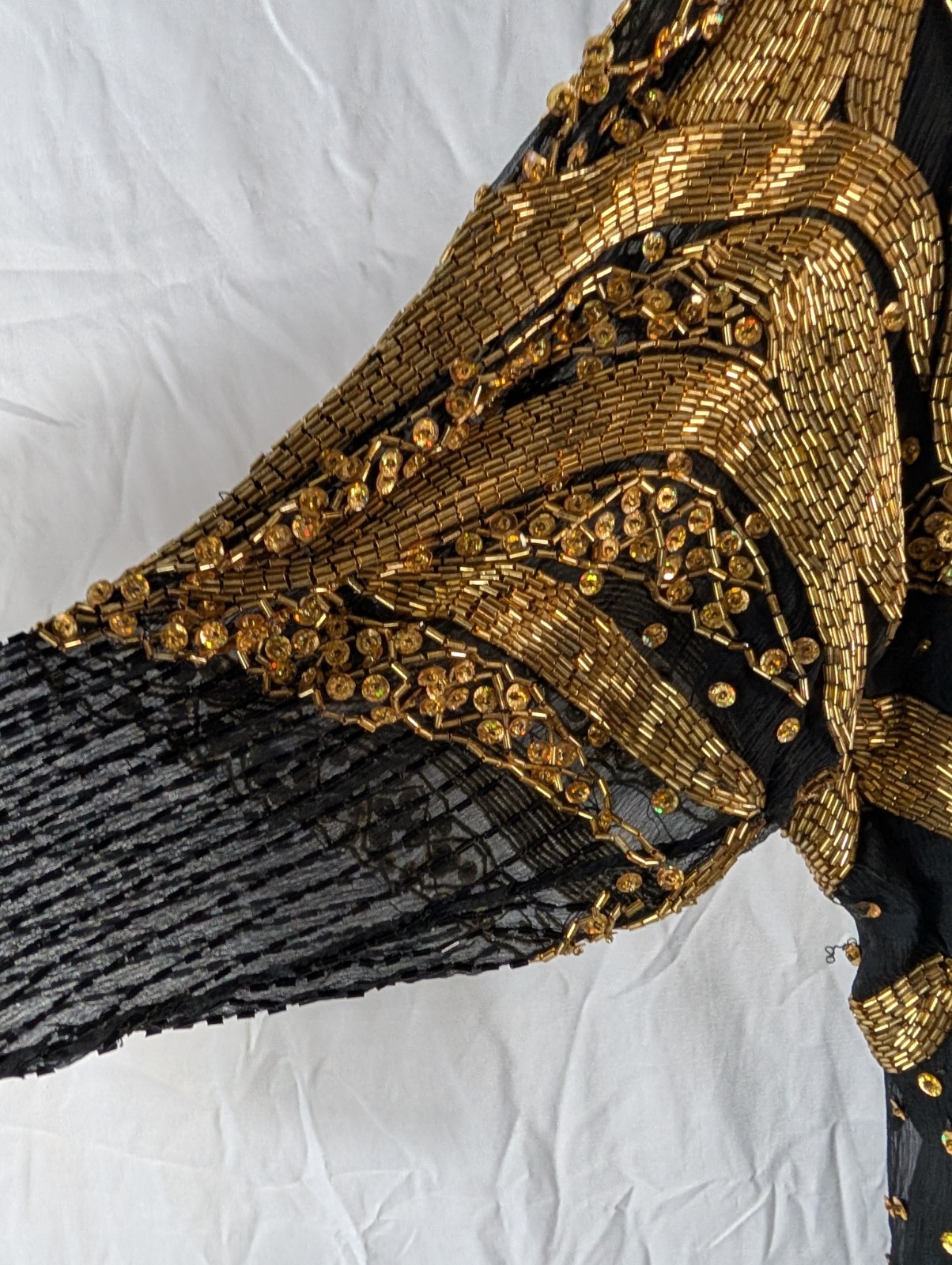 Vtg Landmark Silk Beaded Gown XL, Black Gold Sequin Maxi Dress, Flapper READ