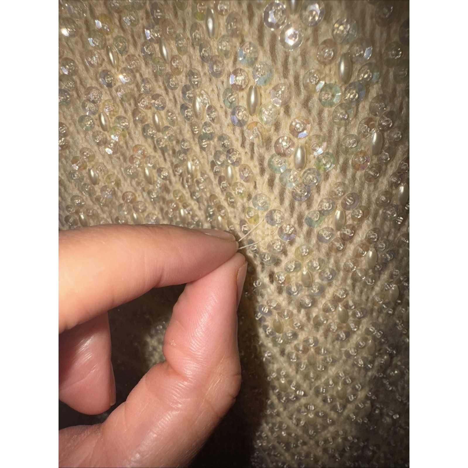 Vintage Beaded Sequin Knit Tank Top Cream Champagne Pearl Fringe Shell L
