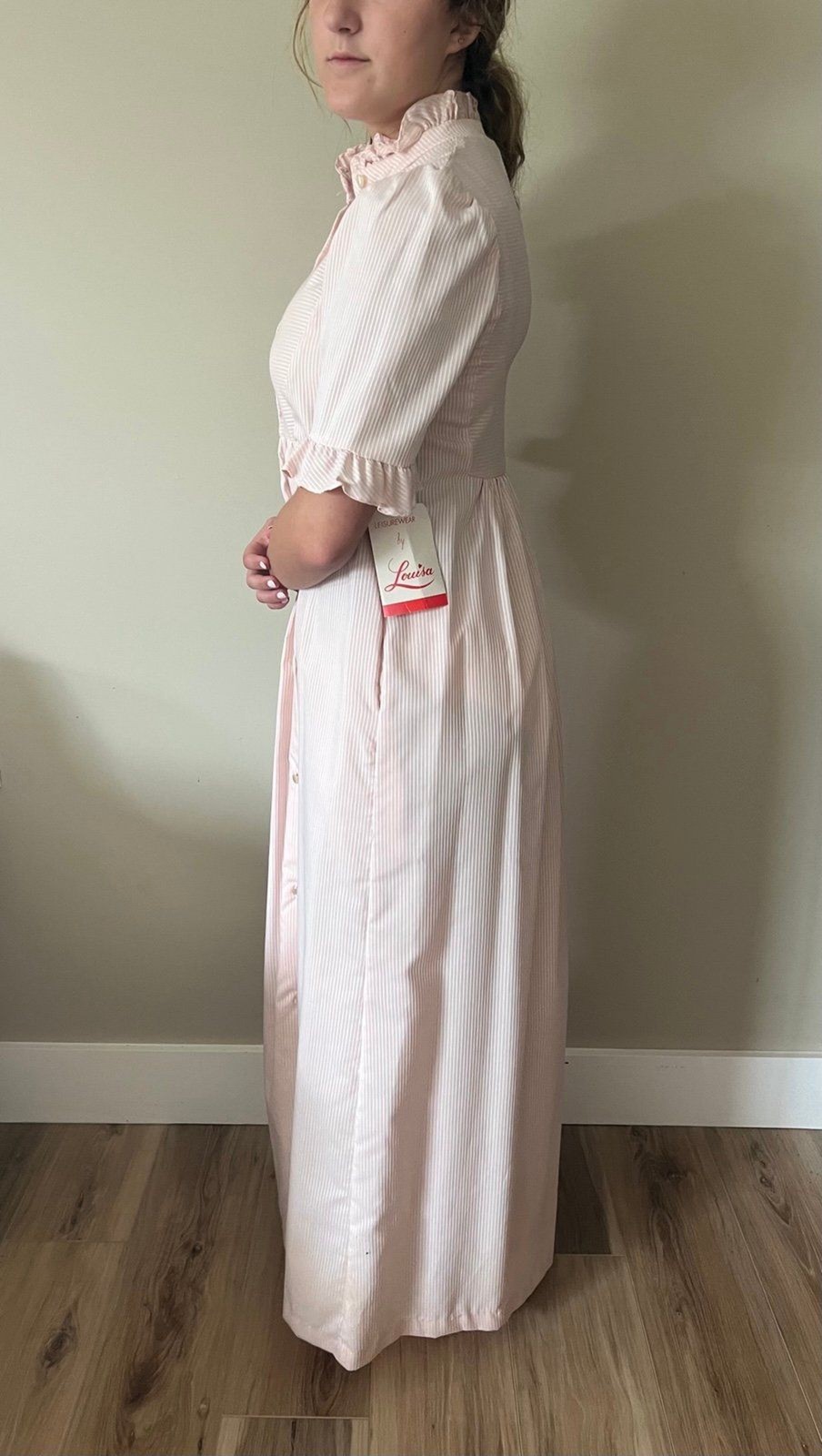 BNWT 1950s Vintage Womens Pink Striped Seersucker Long Nightgown by Louisa