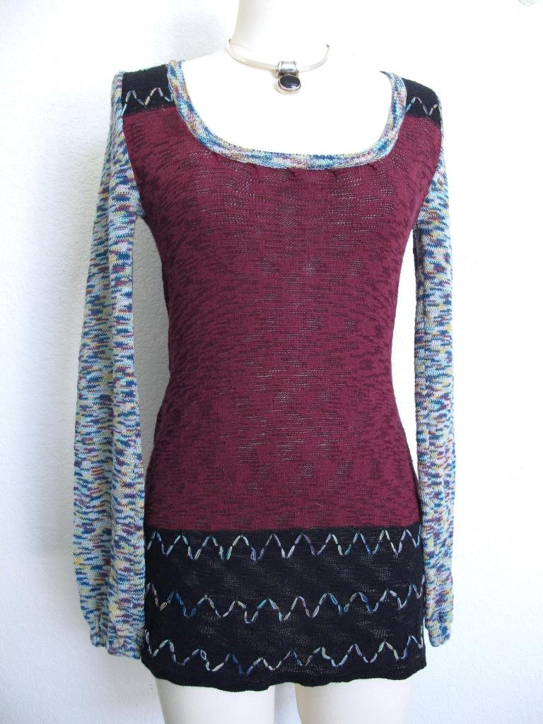 Vintage 90s BKE Mod Tunic Sweater S Mixed Media Embroidery HIppie Burgundy Black
