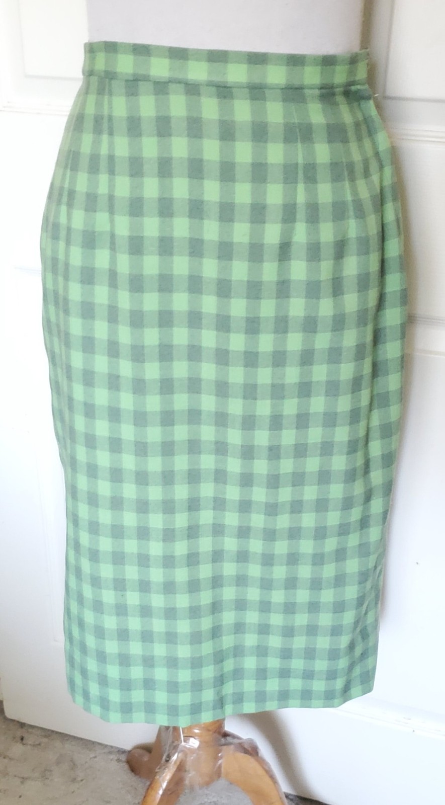 Vintage 50s Two Piece Checked Sweater Skirt Set Green Gray Orlon Wool B36