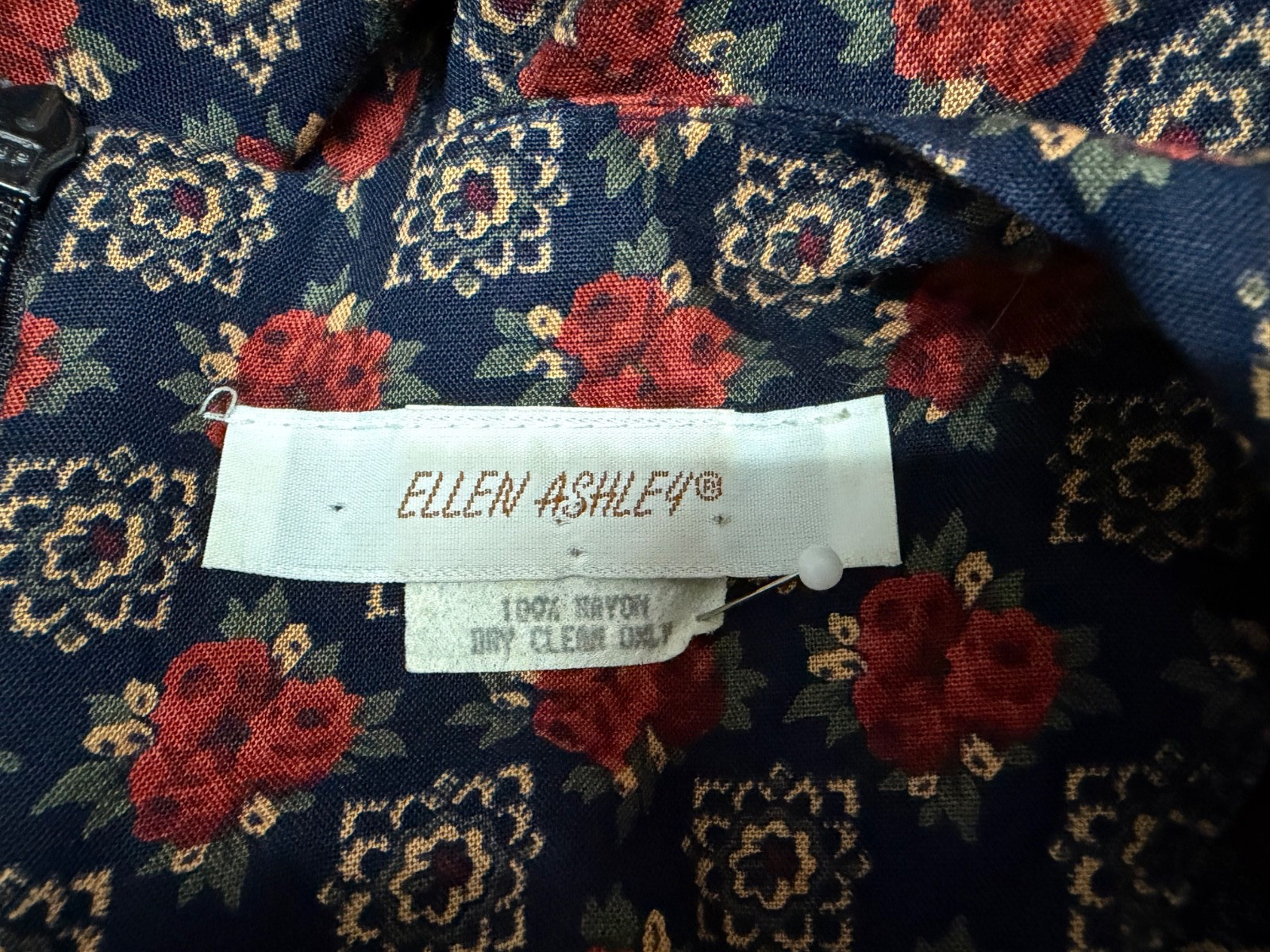 vtg 90s Ellen Ashley Dress size S black floral print Midi sweetheart neckline EC
