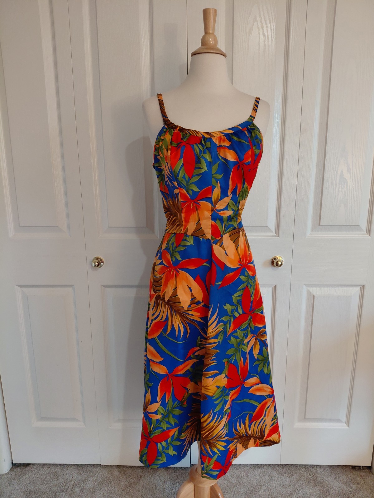 Vintage 1970s Royal Palm Tiki Hawaiian Floral Spaghetti Strap Dress Medium