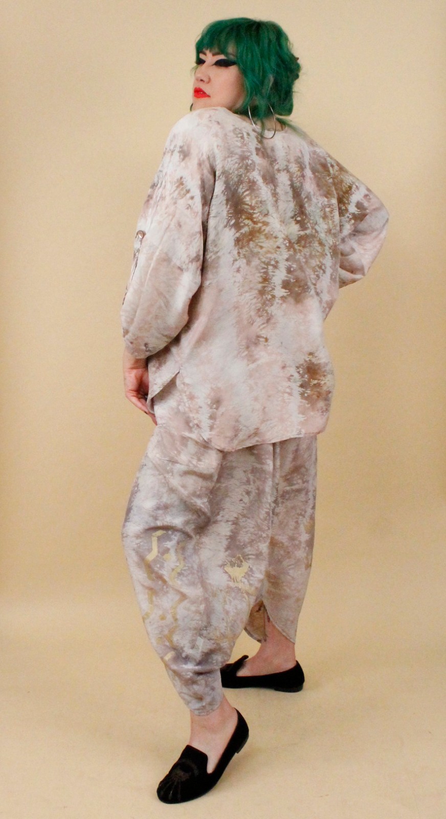 80s Vtg Silk Beige Gold Laise Adzer Langenlook Moroccan Harem Pant Suit OS