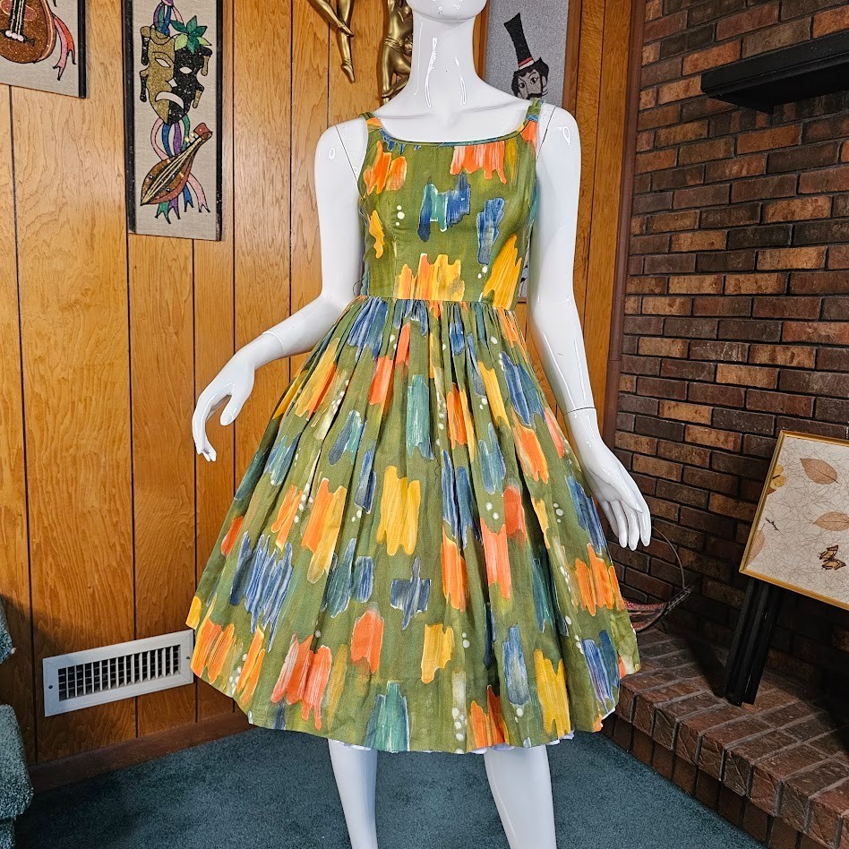 Vtg 50s Novelty Olive Paint Splatter Voile Circle Skirt Party Prom Dress XS/S P