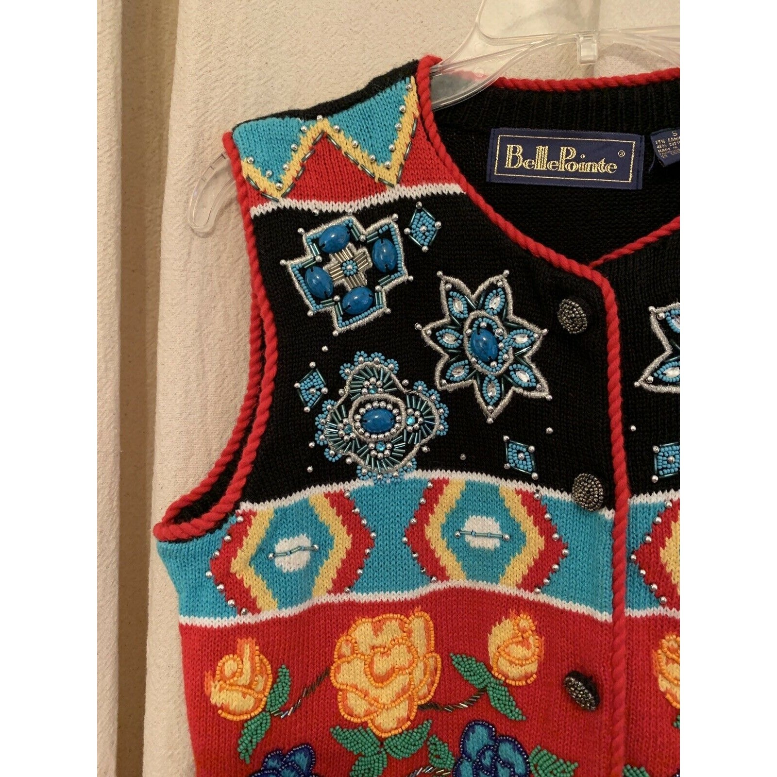 1990s BellePointe Western Navajo Turquoise Floral Rodeo Festival Sweater Vest S