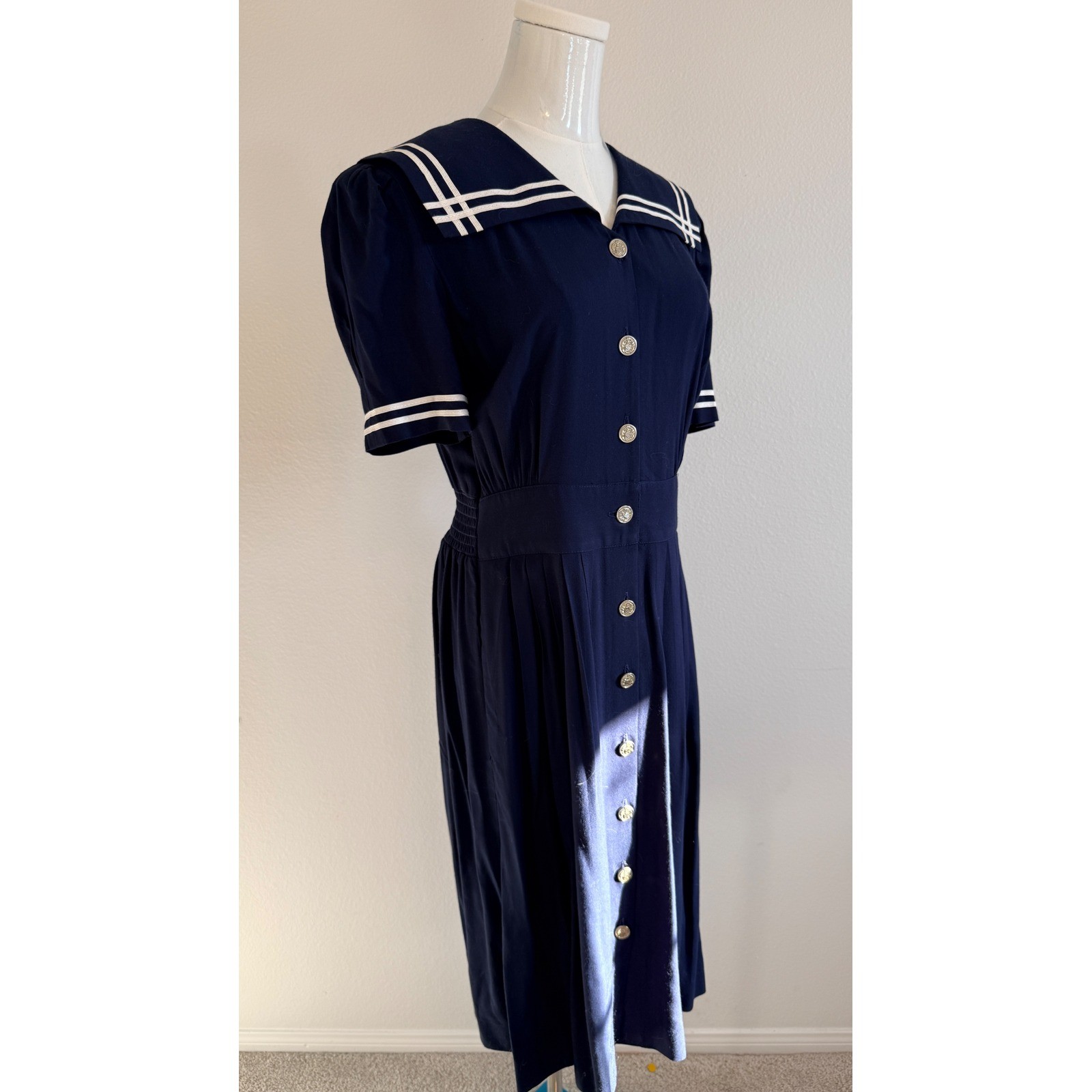 Navy Blue Sailor VTG Dress Crest Buttons 8P Nautical Rockabilly 80s does 40s