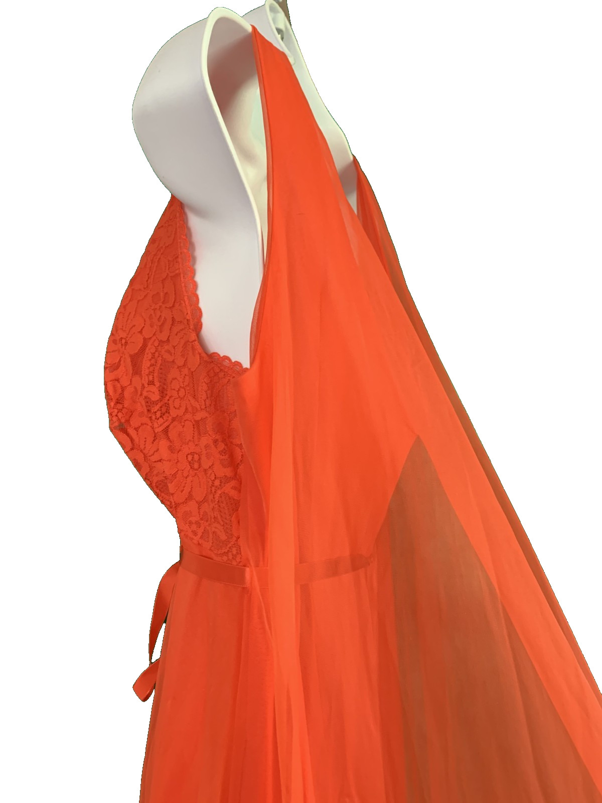 Vtg 60s Chiffon Overlay Persimmon Lace Watteau Train Nightgown Large? CUT TAG