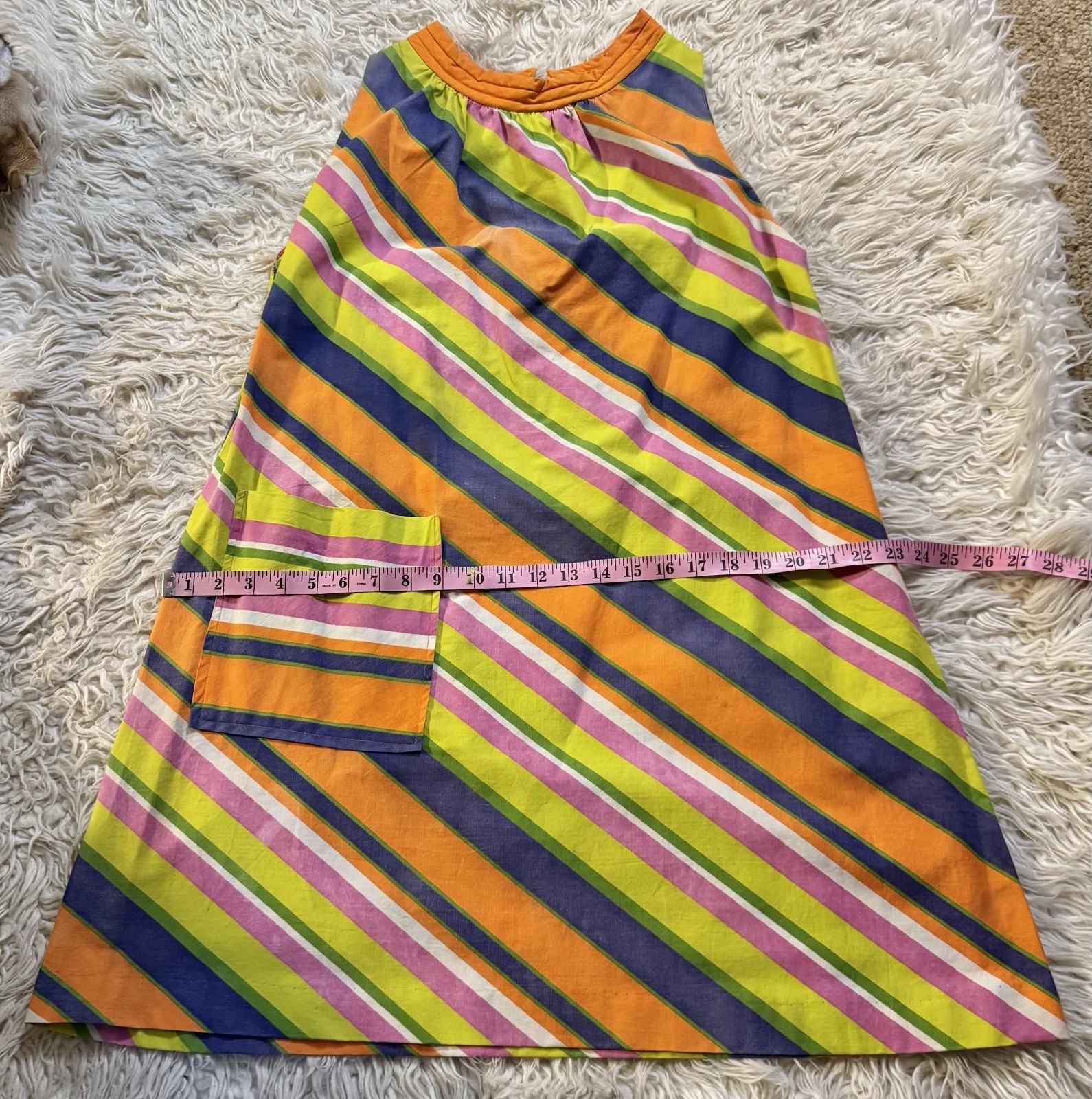 Vtg Stripe Tent A Line 60s Dress Quilted Collar Pocket Cotton XS S