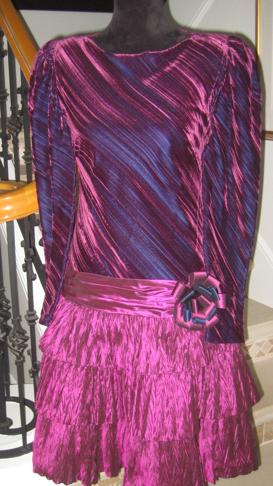 Vintage 80s burgundy/wine velveteen dropwaist taffeta tiered ruffles party dress