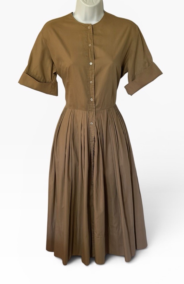 Vtg 50s Countrywise Classic Shirtwaist Day Dress S Pleated Skirt Beige Collar
