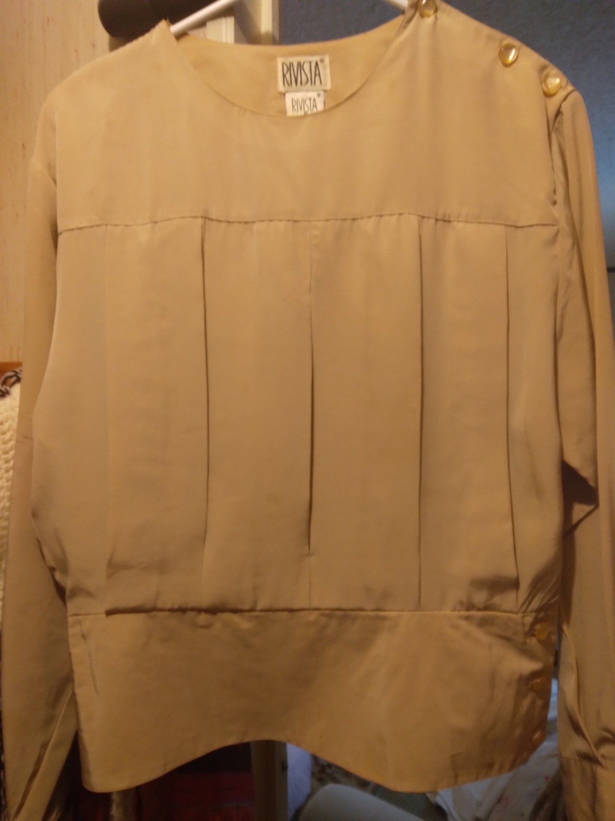 vintage rivista long sleeve blouse, pleated front, 3 button shoulder closure