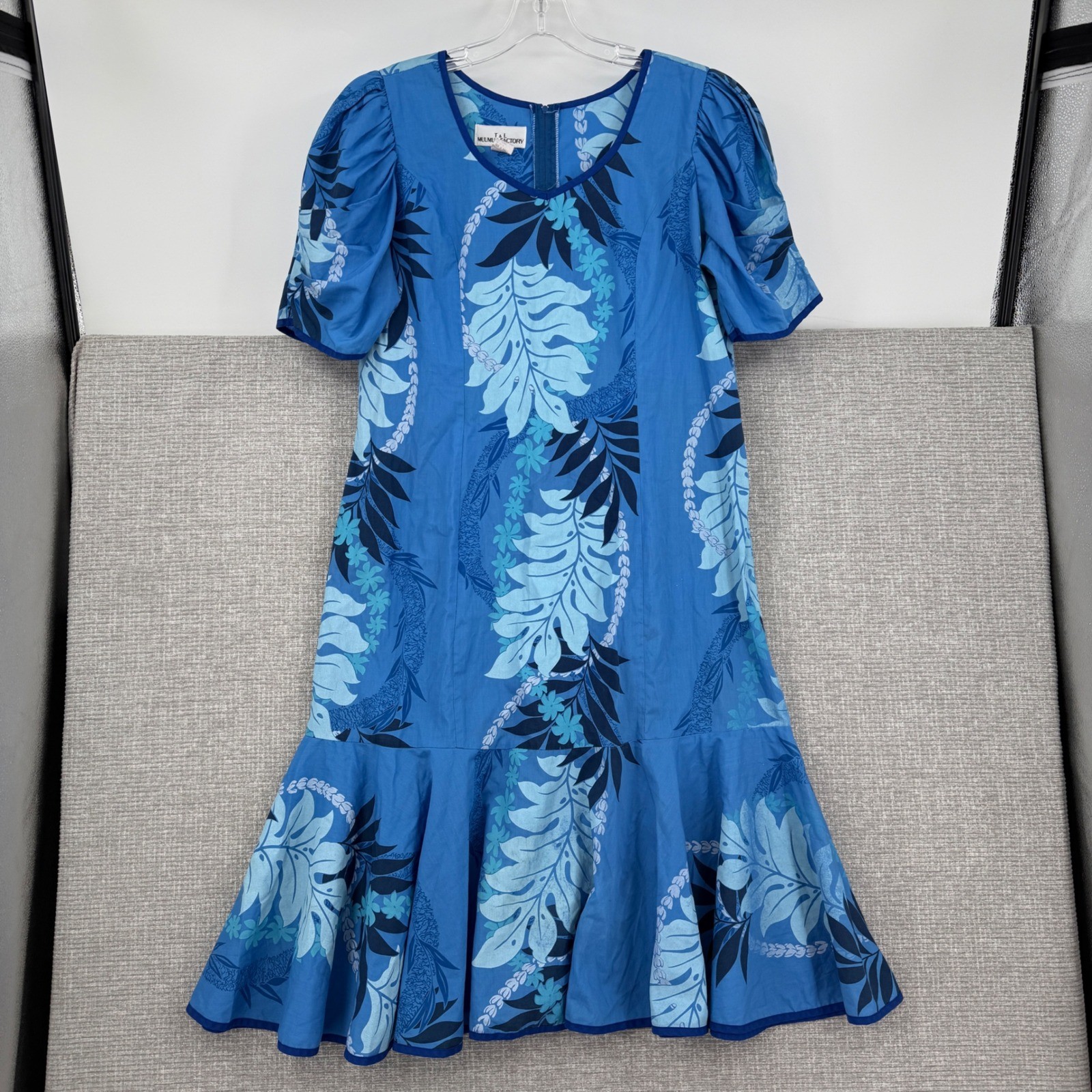 Vintage T & L Muumuu Factory Hawaii Dress Womens XL 15/16 Blue Floral Ruffle