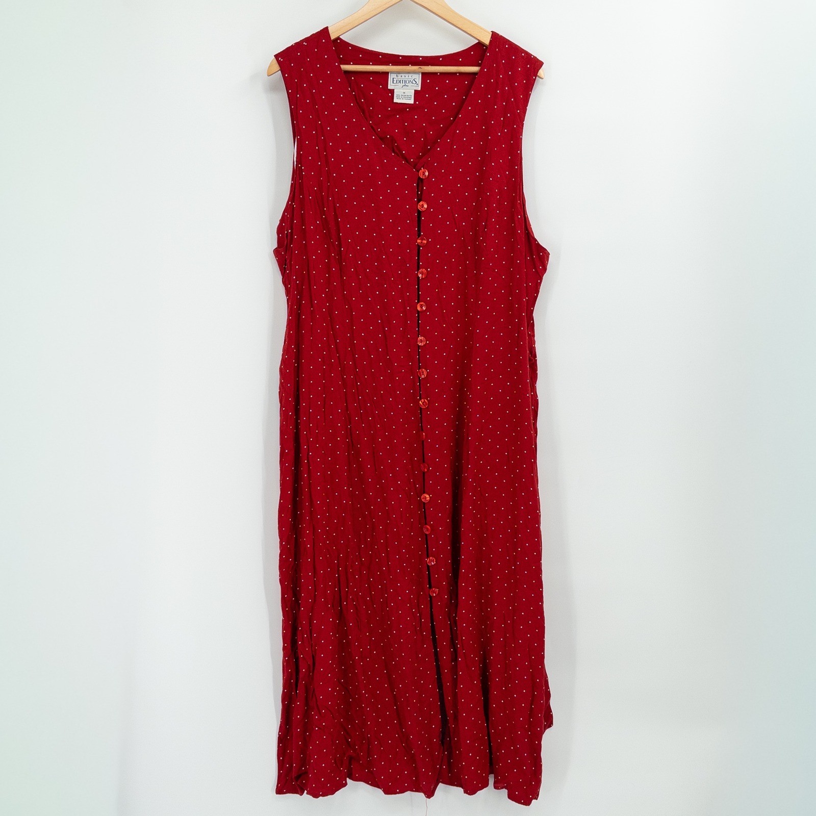 Vintage 90s Dress 1X Red Polka Dot Button Front Butter Mom Teacher Miss Honey