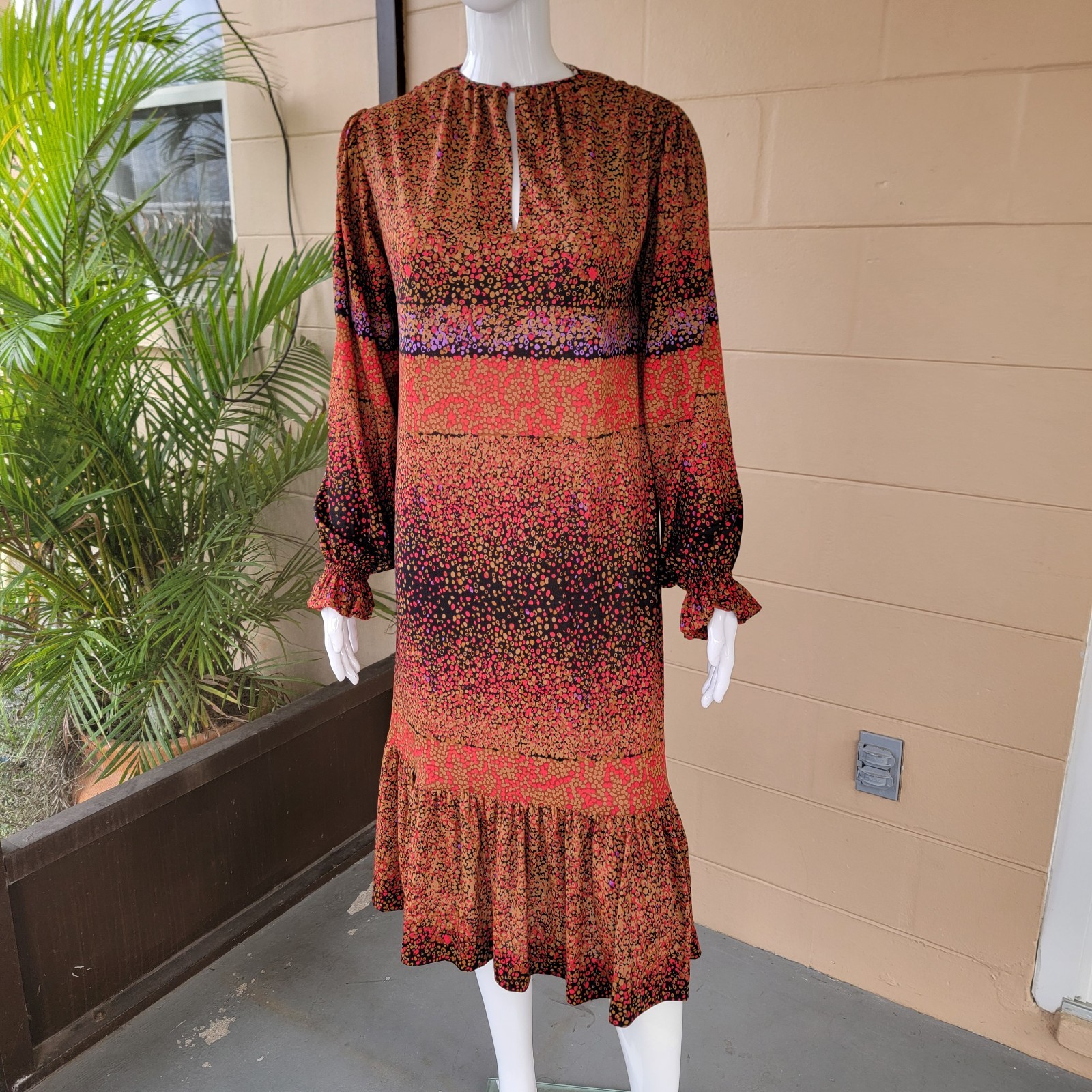 Vintage 70s Bohemian Long Sleeve Midi Dress Women Size US 10 EU 40 Spanish
