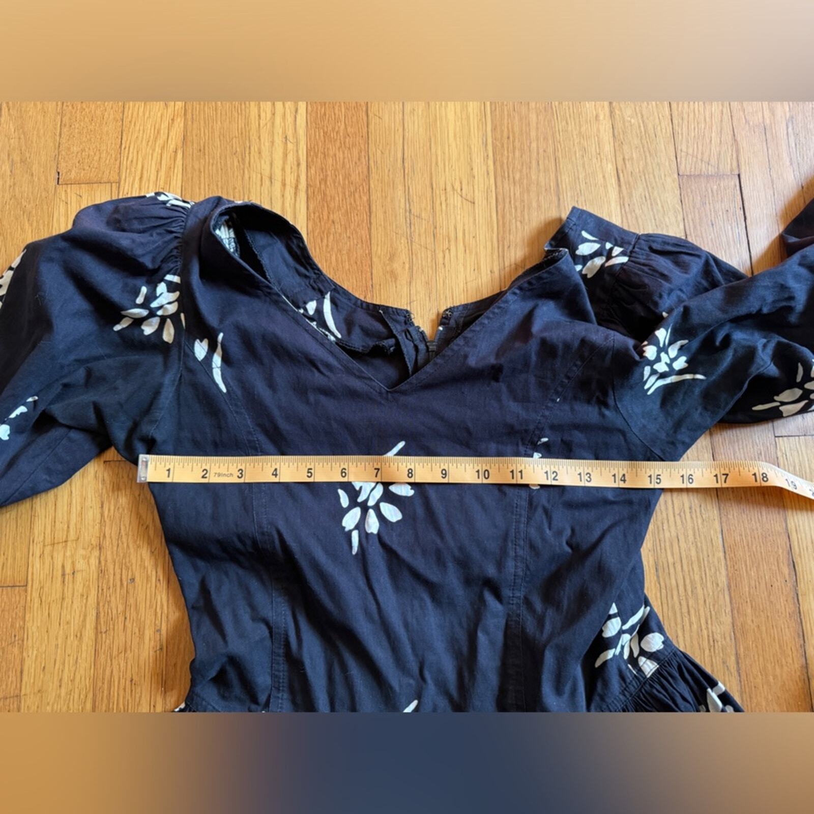80s Does 50s Vintage Long Sleeve Black Cotton Fit and Flare Dress
