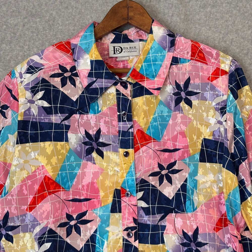 Vintage Da-Rue of California 80s Shiny Multicolor Floral Blouse Top Women’s 18