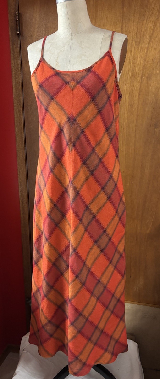 Vintage Red Orange Bias Plaid Sundress Laura Ashley Size 12 Linen Blend 40” B