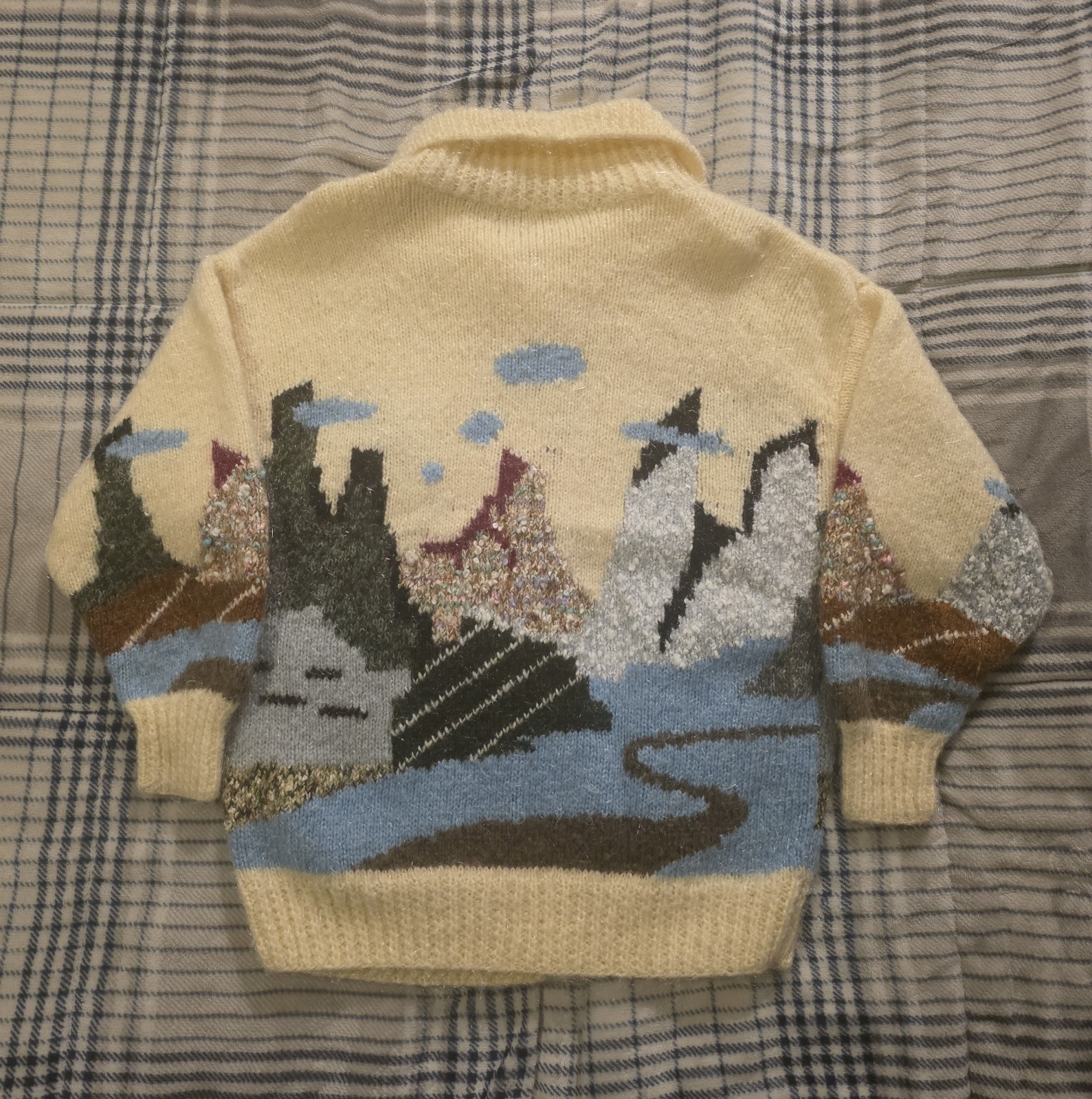 Vtg 70s Hand Knit Fuzzy Acrylic Cardigan Sweater Mountain Landscape Womens Large