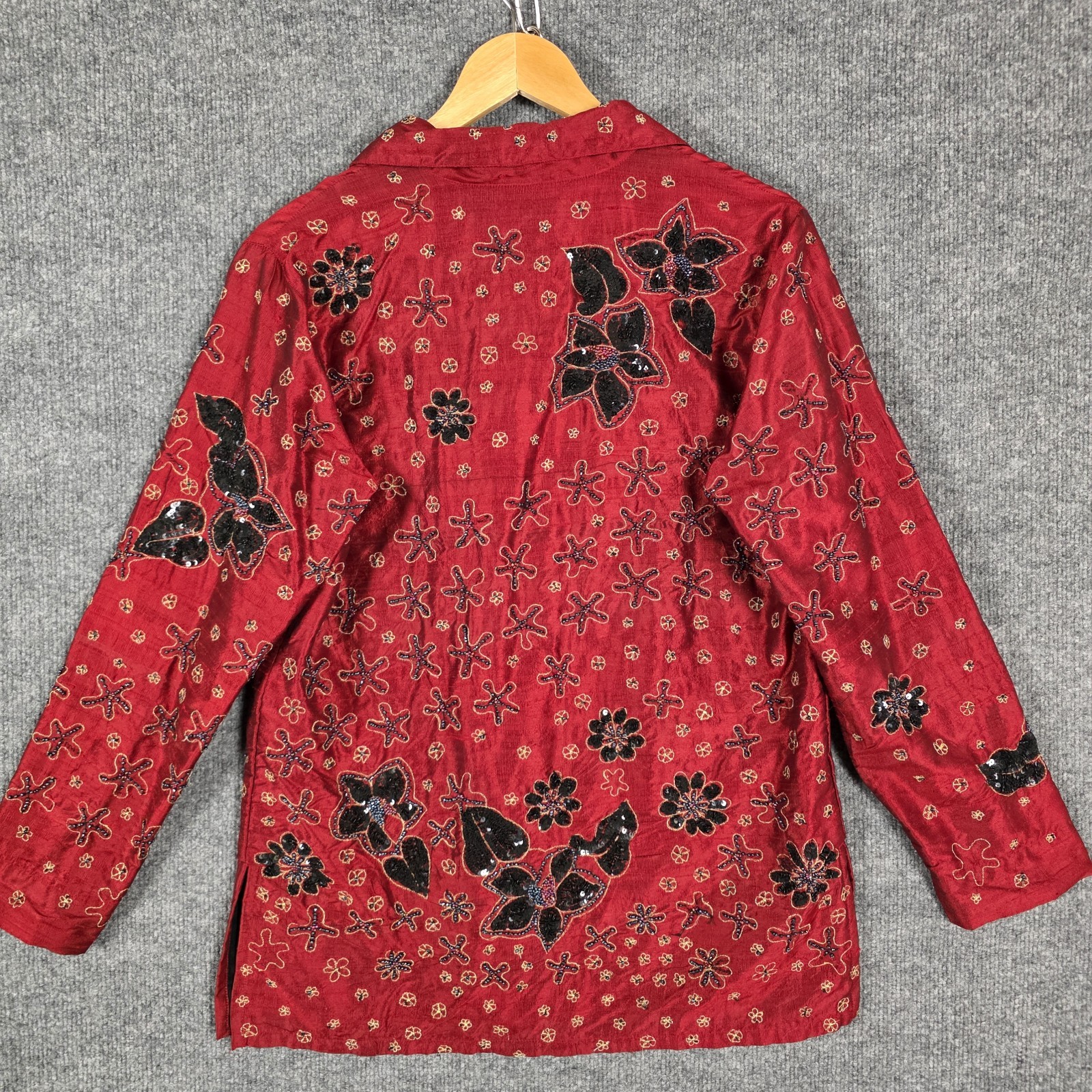 Chicos Dupioni Silk Beaded Shirt Womens XL Red Asian Art To Wear Sequin Vintage