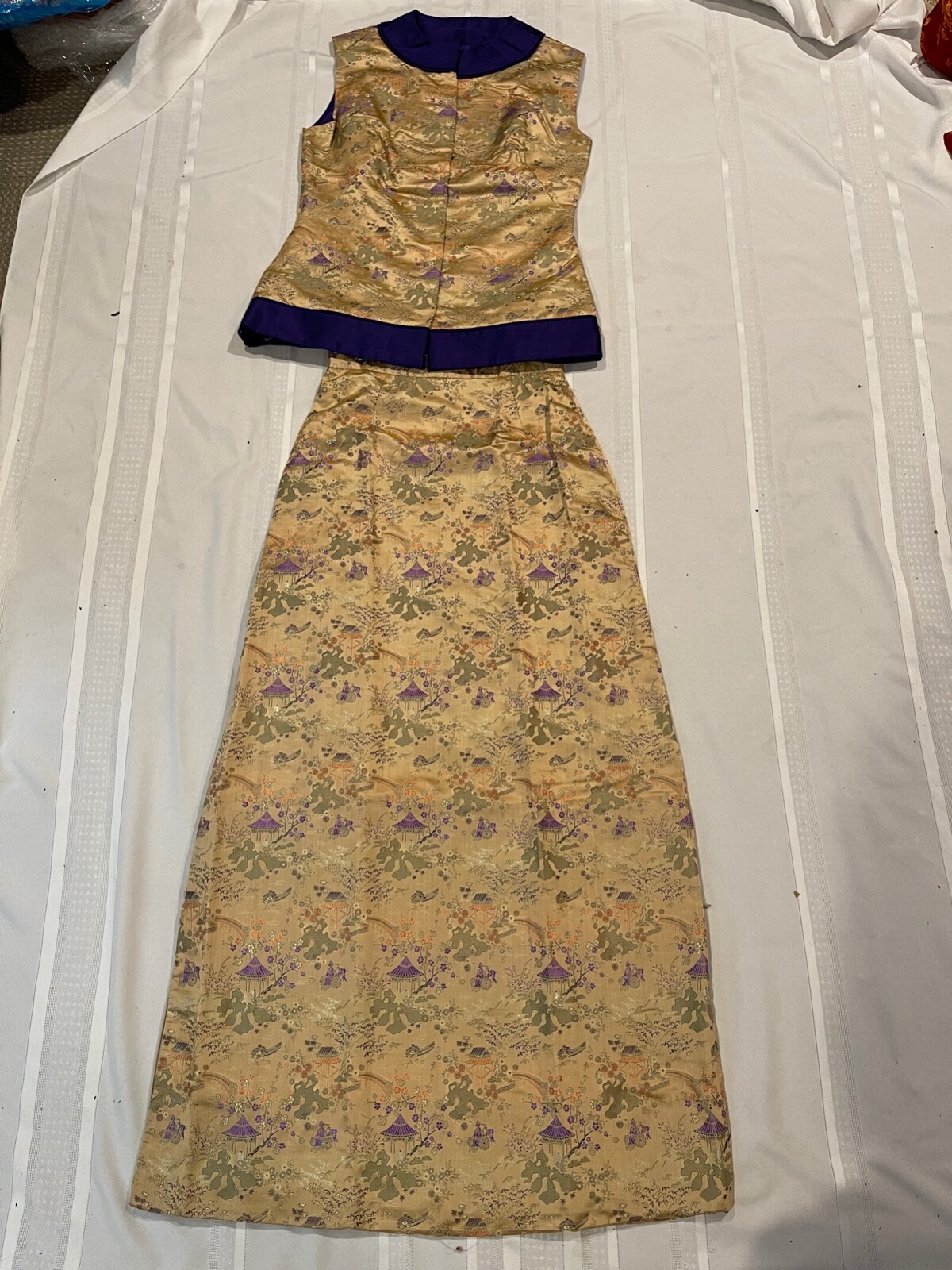 Vintage 70s Evening Gown MAXI Skirt & Top Embroidered Asian Silk Sleeveless