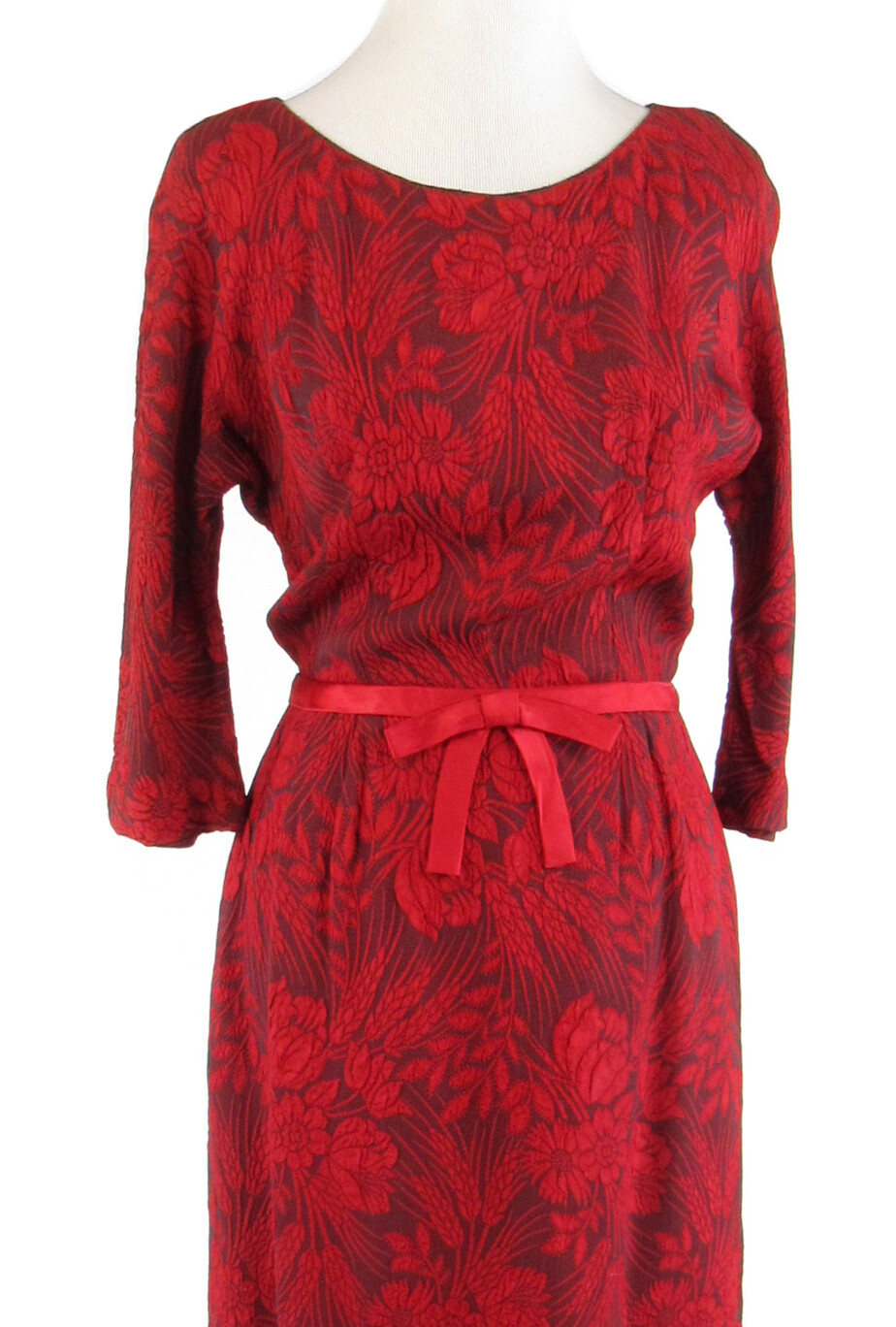 Red gray floral print 3/4 sleeve vintage day dress 12 S