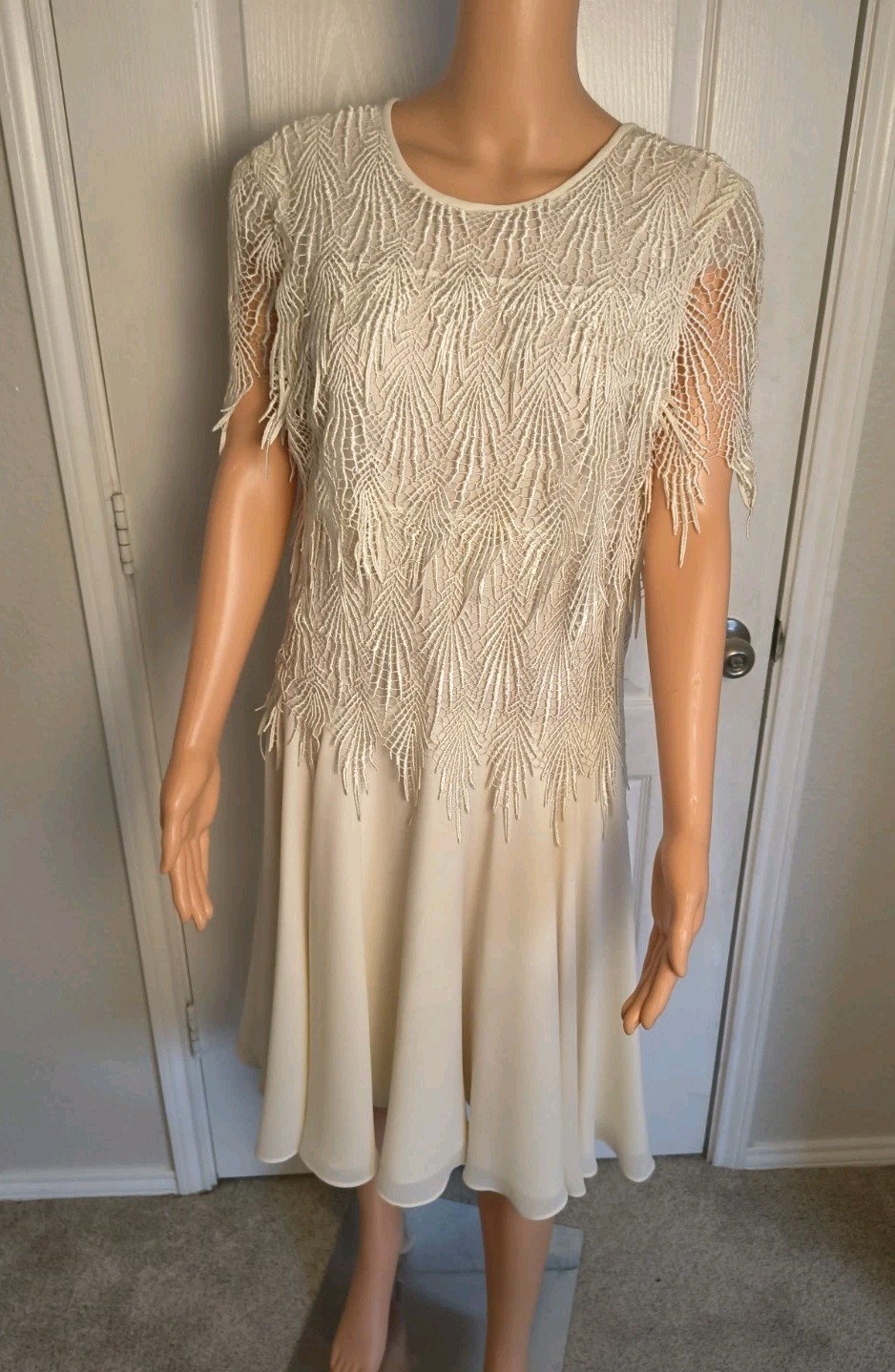 After Dark Vintage 70s 80s Fringe Crochet Chiffon Dress Sz 7/8 Cottage Fairy Boh